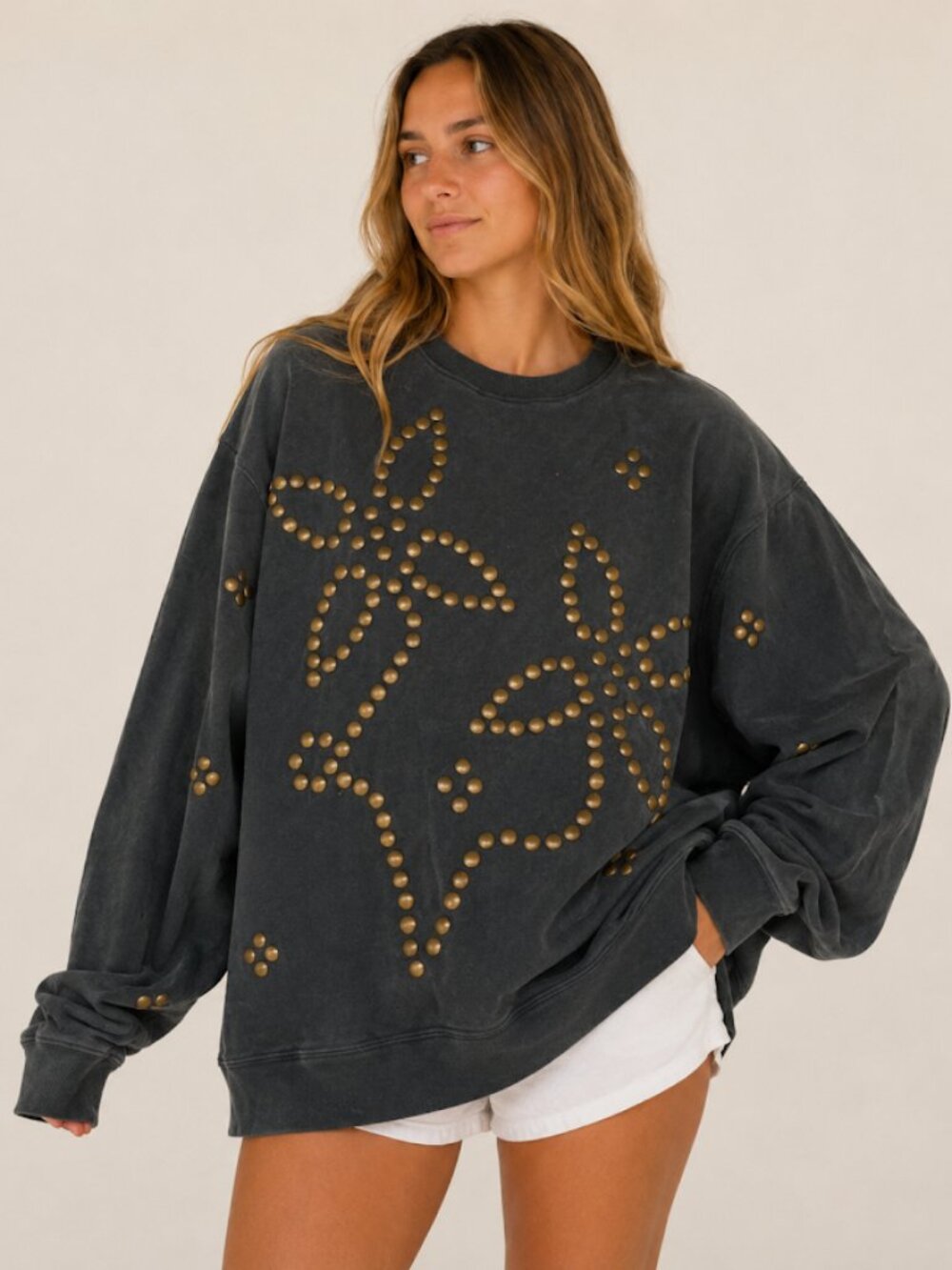 Ragabond Studio Studded Floral Oversized Sweatshirt Womens XL Black
